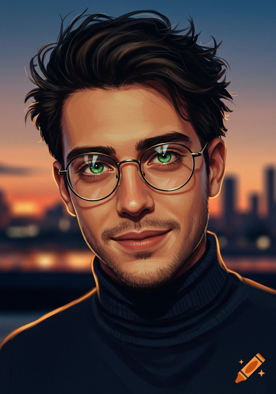Stylized portrait of a man with green eyes and glasses against a city ...