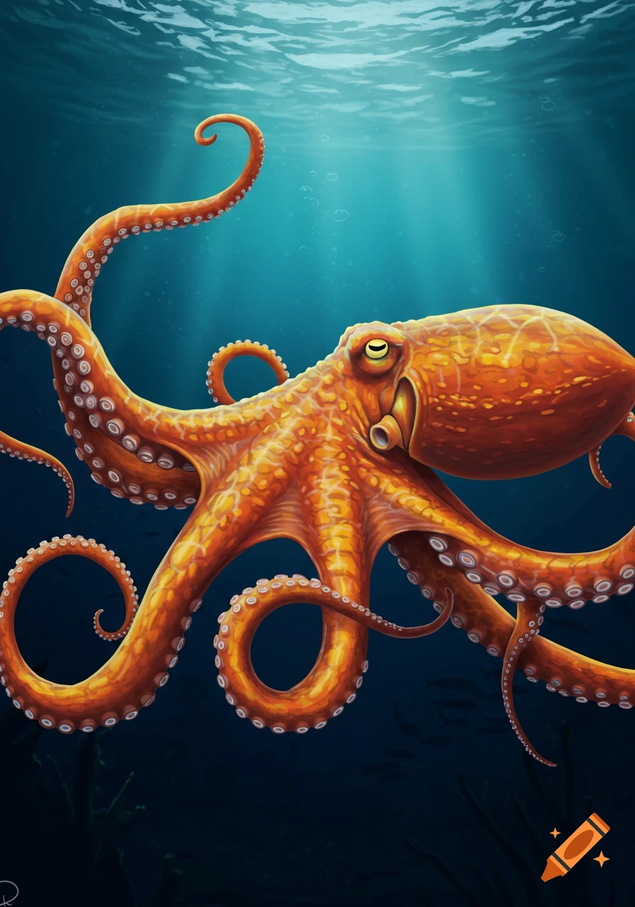 An orange octopus swims underwater with sunlight streaming from the surface. Illustration.