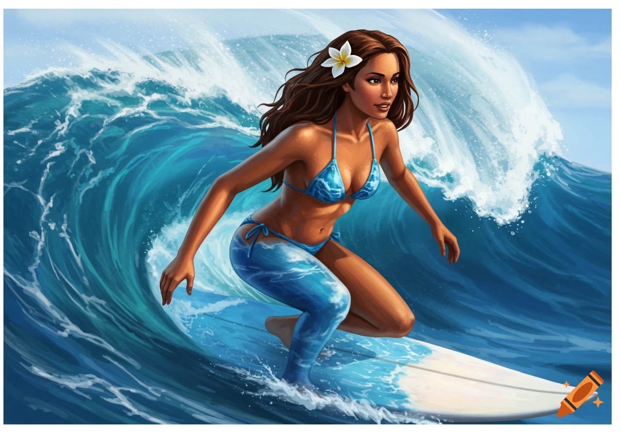 Illustration of a woman in a blue bikini surfing a large blue wave. Her legs appear to be made of ocean water.