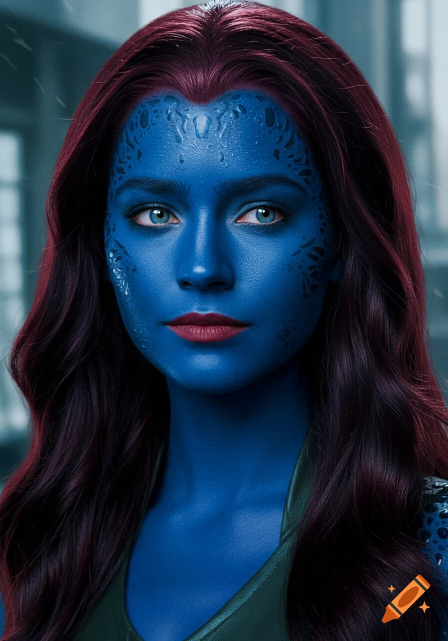 Close-up portrait of a blue-skinned woman with red hair and scaled face markings.