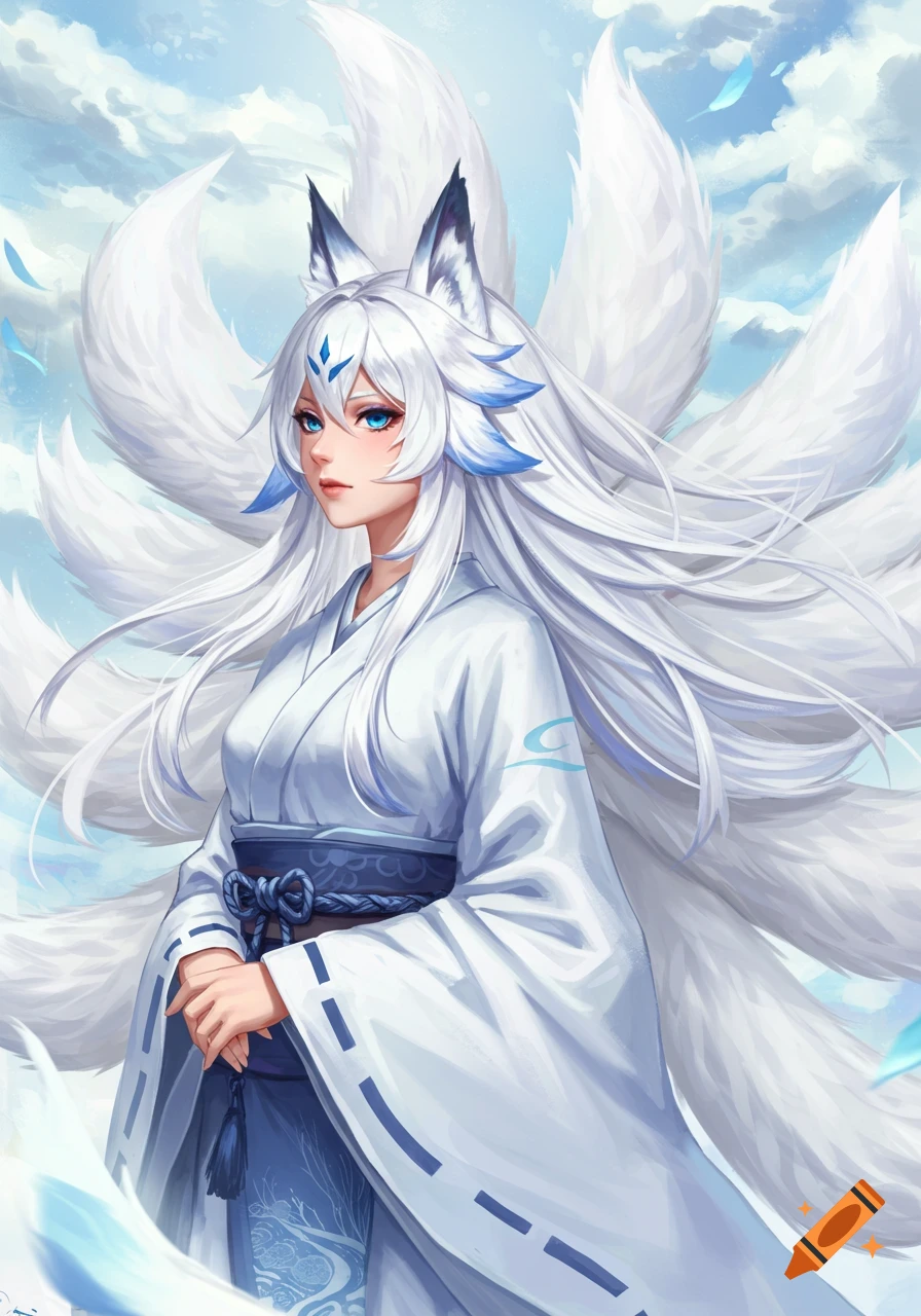 Anime illustration of a kitsune woman with white hair and many tails wearing a white kimono.