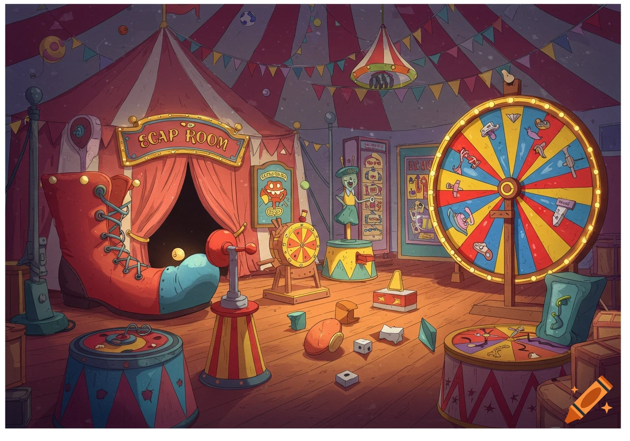 Cartoon illustration of a circus tent interior with a large boot, a prize wheel, and games.