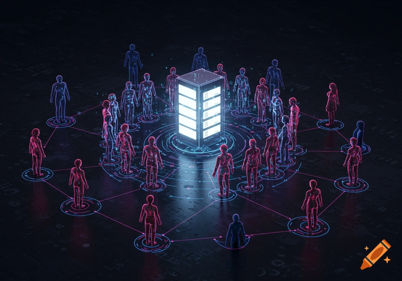 Stylized digital network with humanoid figures surrounding a glowing server, conceptual art.