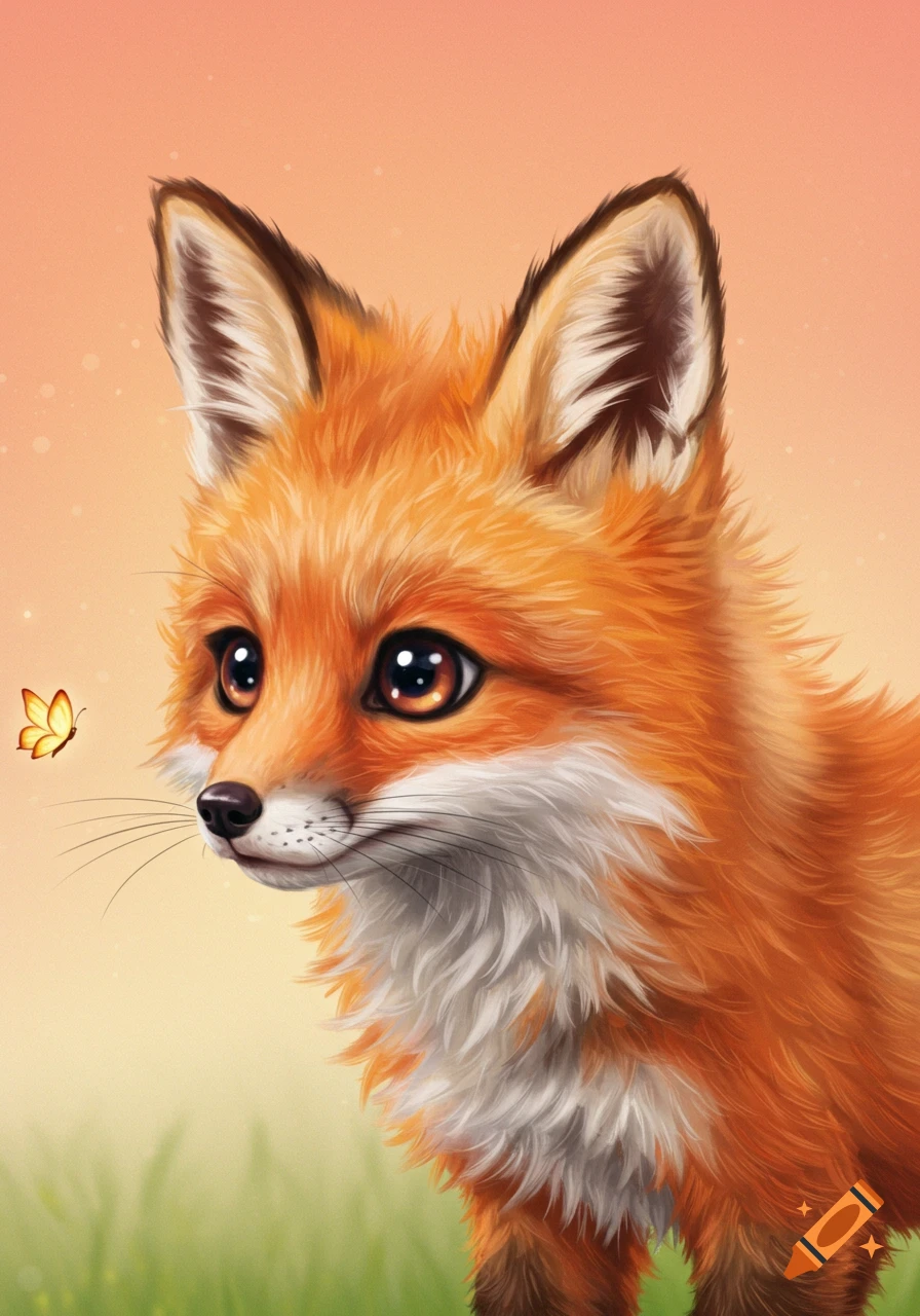 Cute drawing of a baby fox looking at a butterfly.
