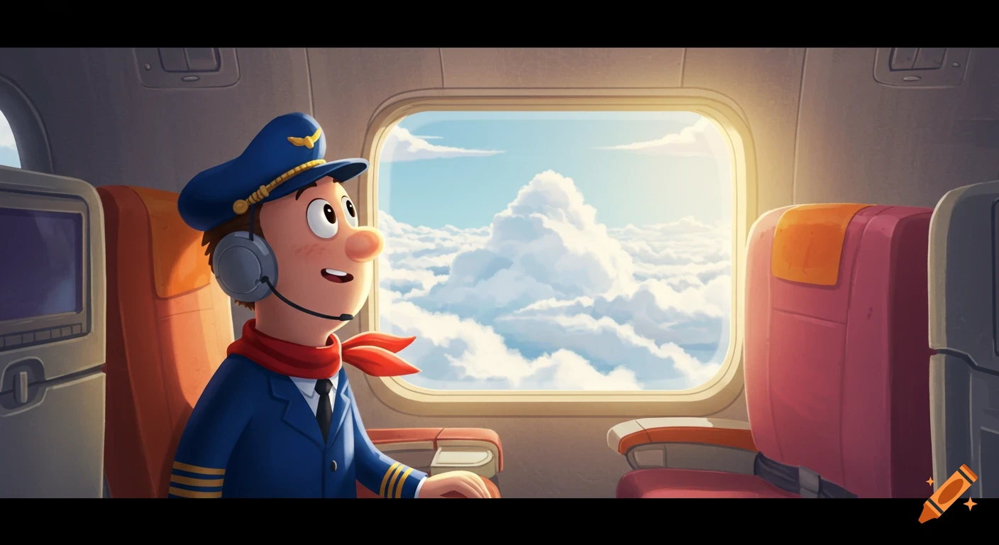 A cartoon pilot looks out the window of an airplane at clouds.