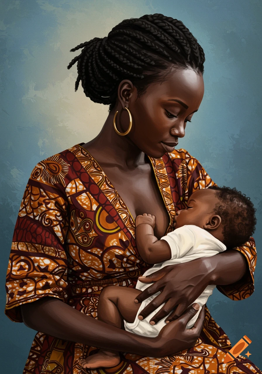 A tender portrait of an African woman breastfeeding a baby, wearing a vibrant patterned dress.
