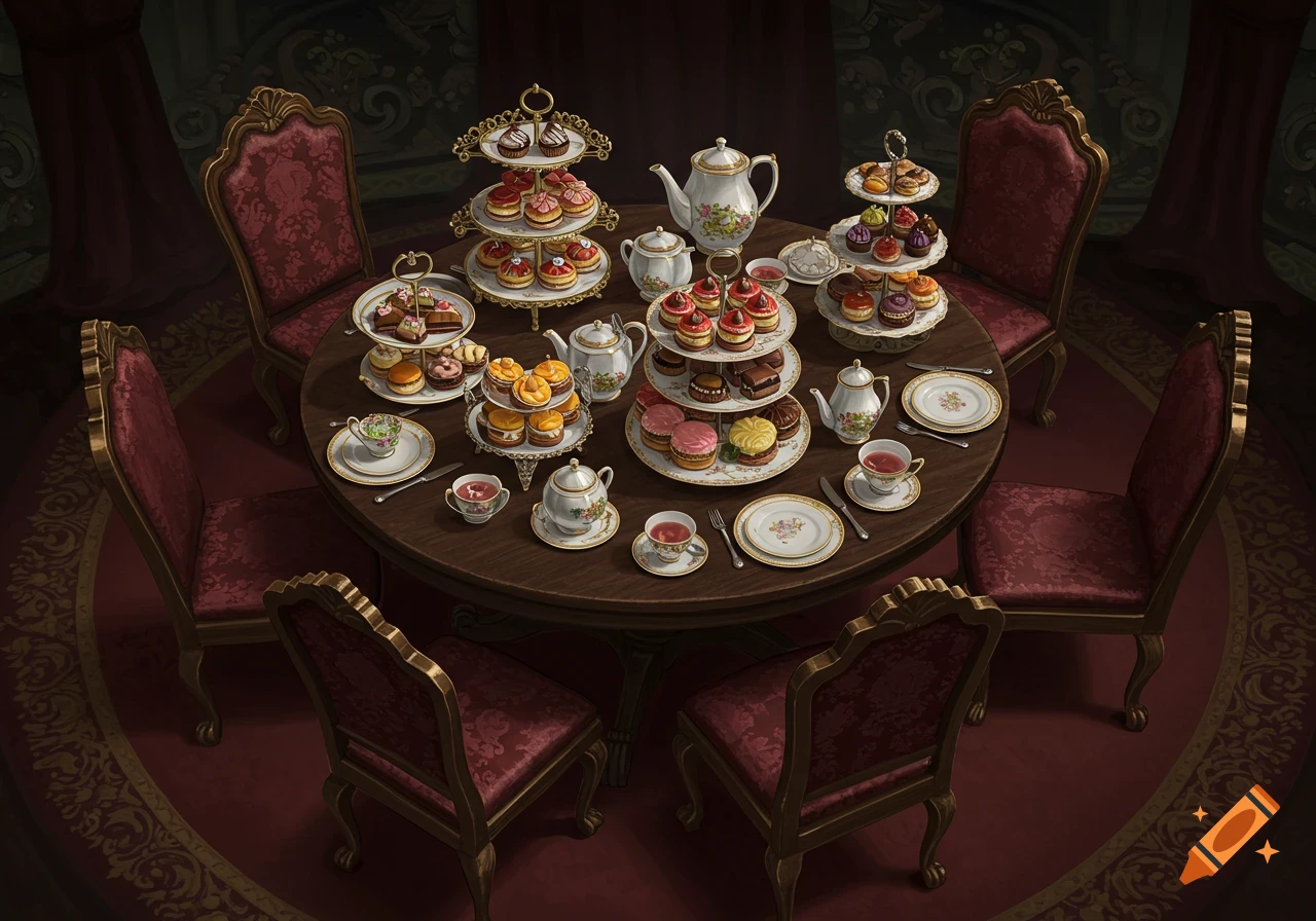 An ornate table set for a gothic Victorian tea party, laden with tiered stands of pastries and delicate tea sets.