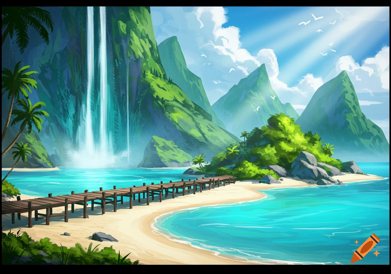 Illustrated tropical island landscape with a large waterfall, mountains, beach, and wooden jetty.