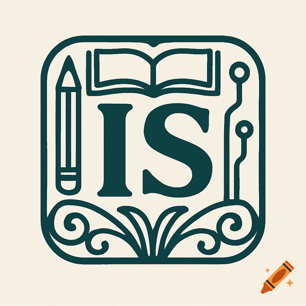 Art nouveau style logo icon with pencil, open book, letters IS, and circuit/floral elements.