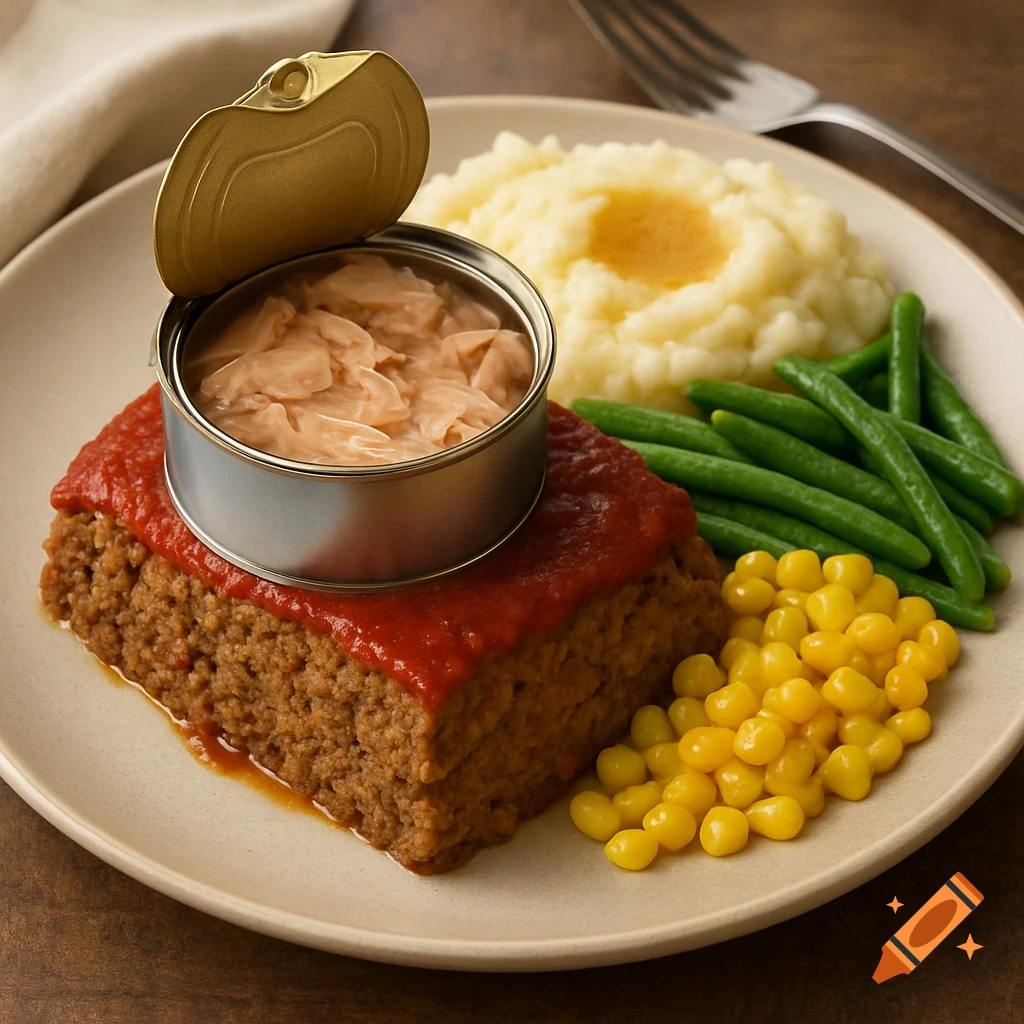 A plate of meatloaf topped with a can, mashed potatoes with gravy, green beans, and corn.