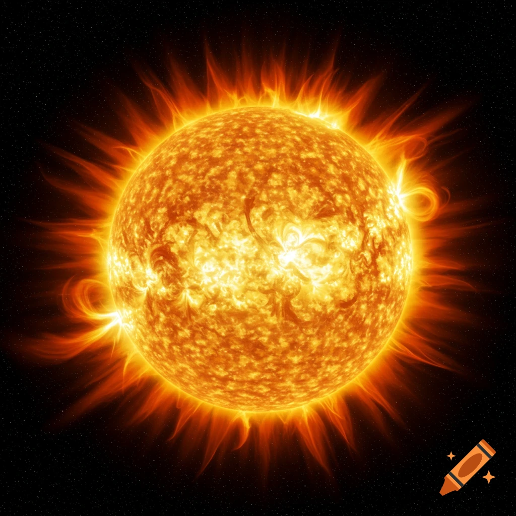 The sun with prominent flares against a starfield.