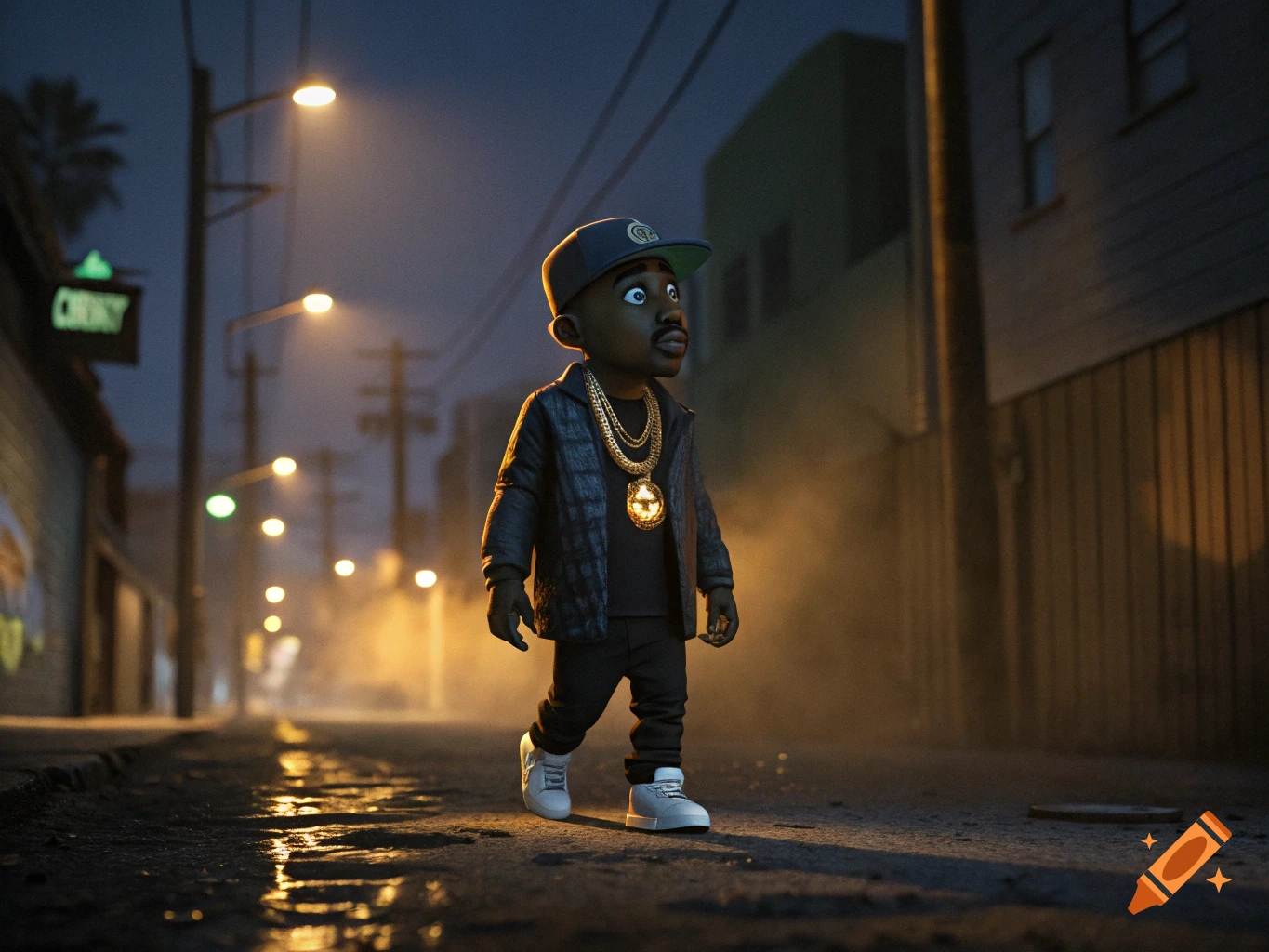 A stylized 3D character resembling a rapper walks down a wet urban alleyway at night under streetlights.