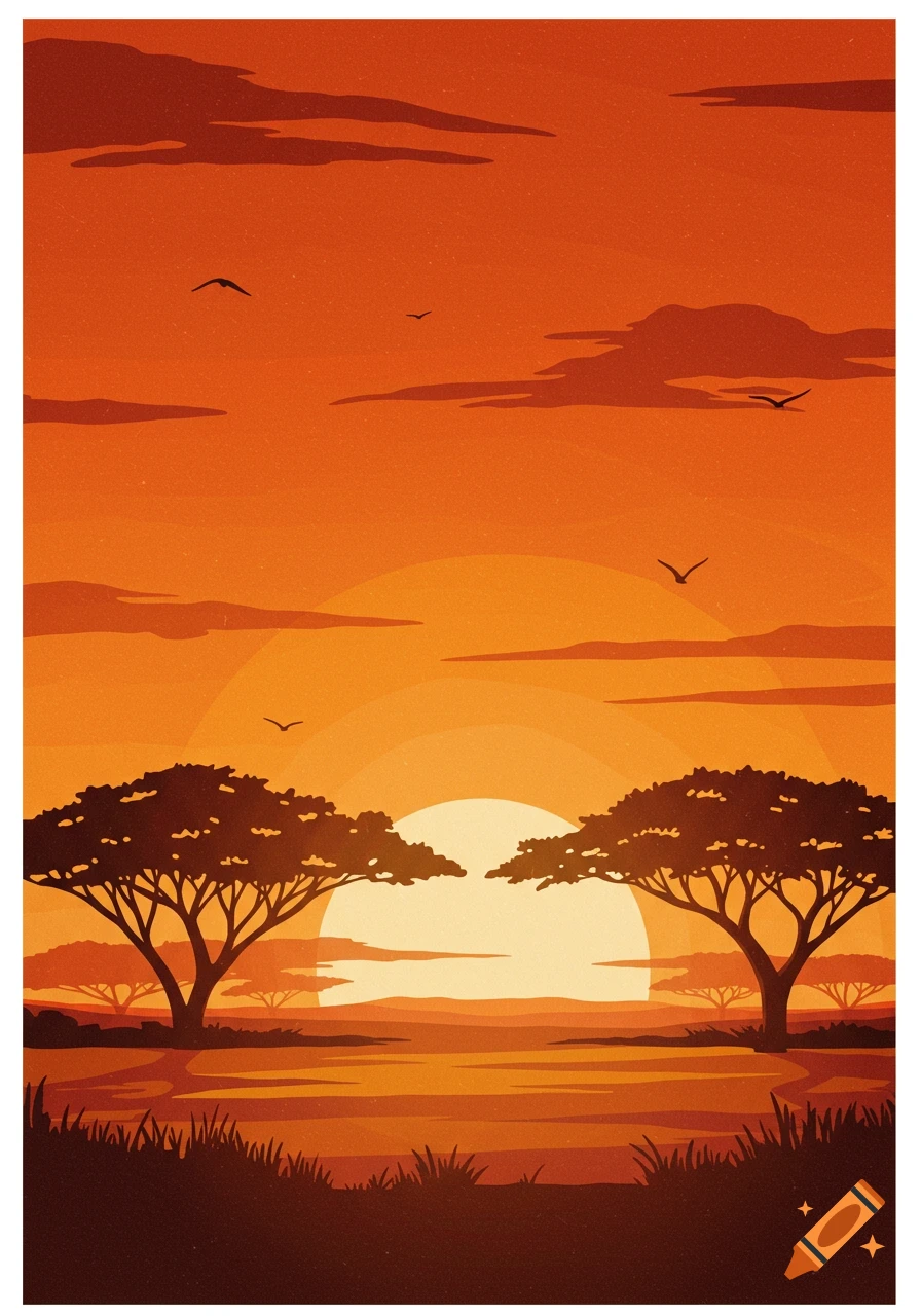 Stylized illustration of an African landscape at sunset with acacia trees and birds.