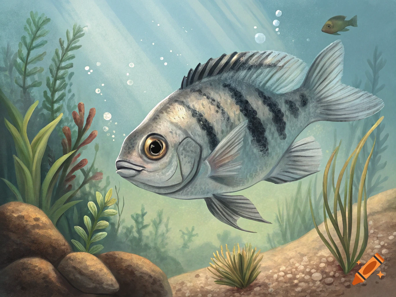A grey and black striped fish swims underwater among green plants and rocks.