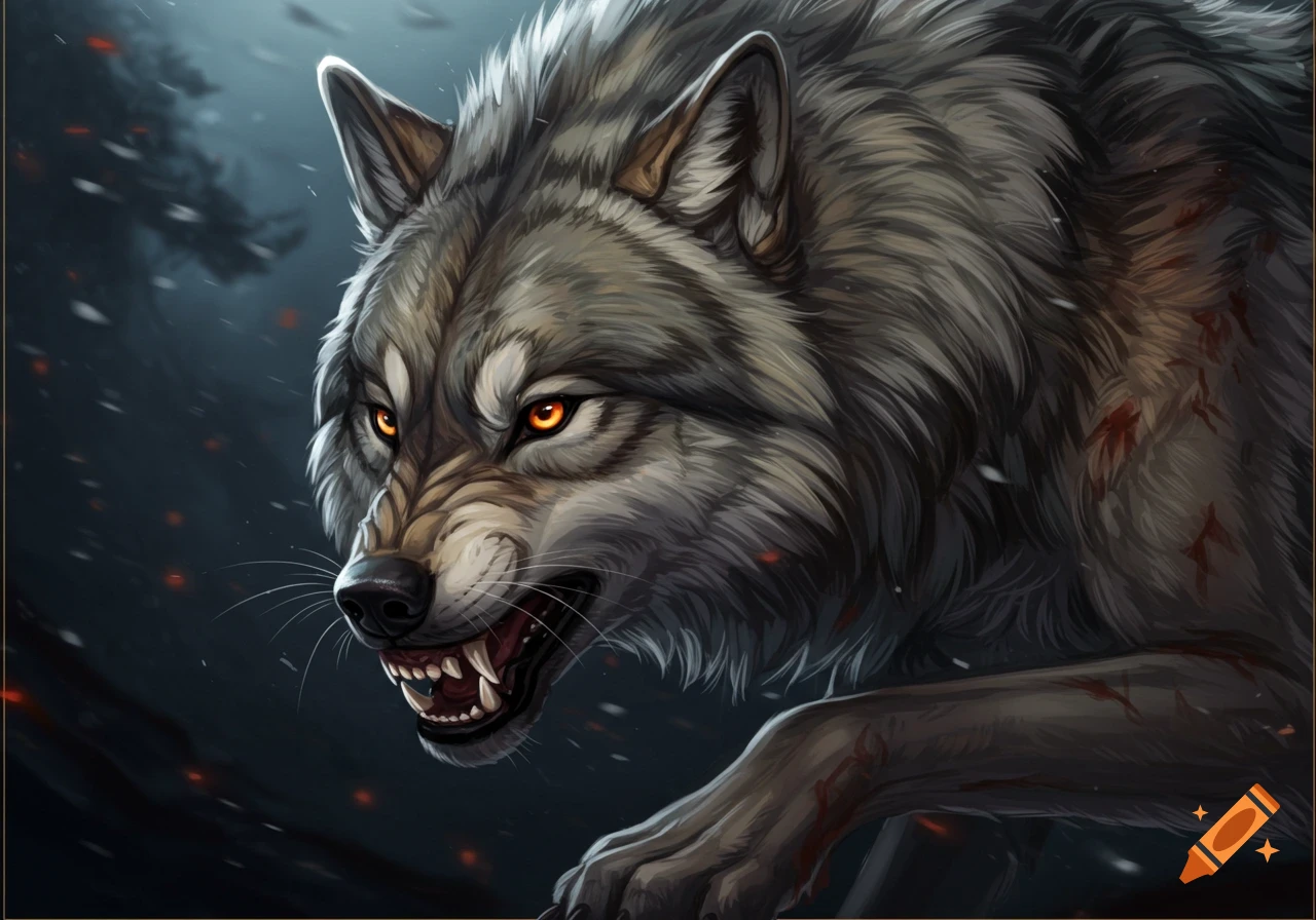 Close-up digital art portrait of a snarling wolf with glowing orange eyes in a snowy forest.