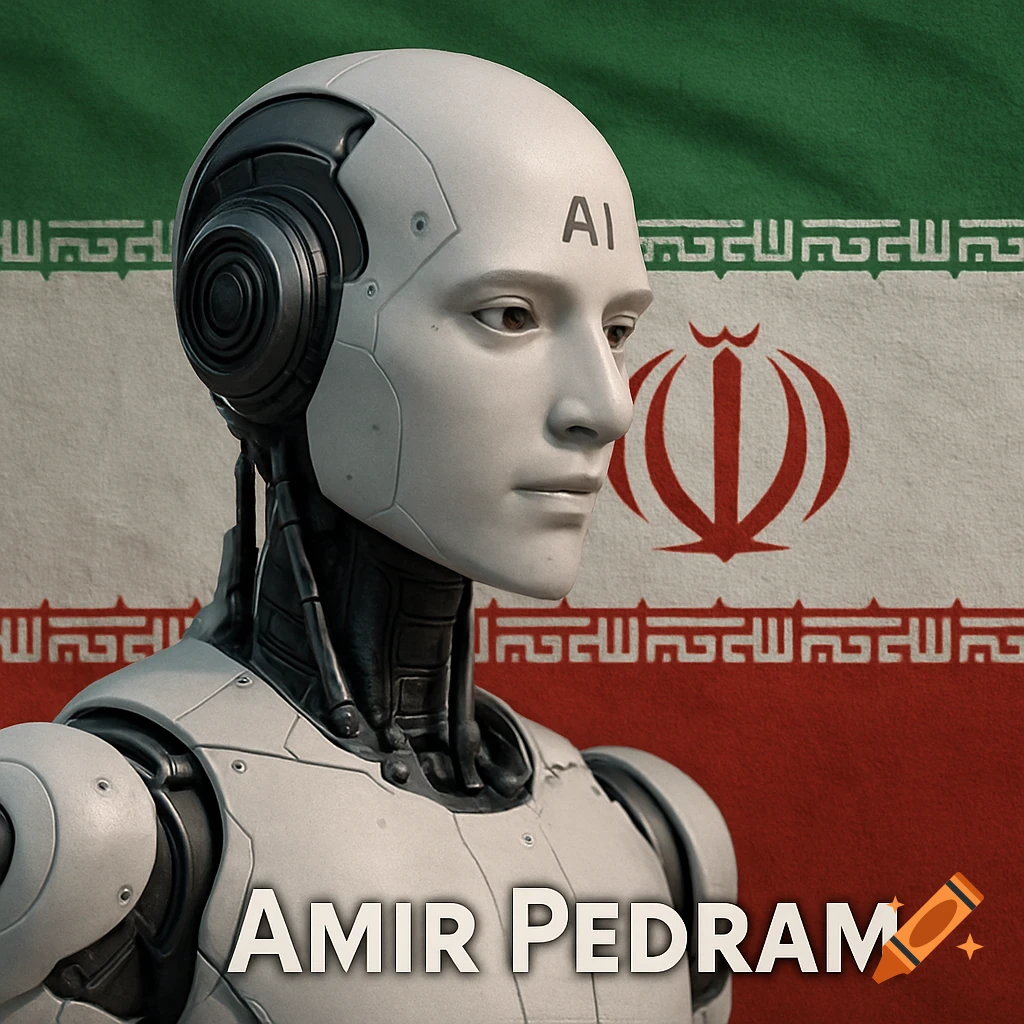 A photorealistic portrait of a white robot with dark accents in front of the Iranian flag. The text "AI" is on its head, and "Amir Pedram" is at the bottom.