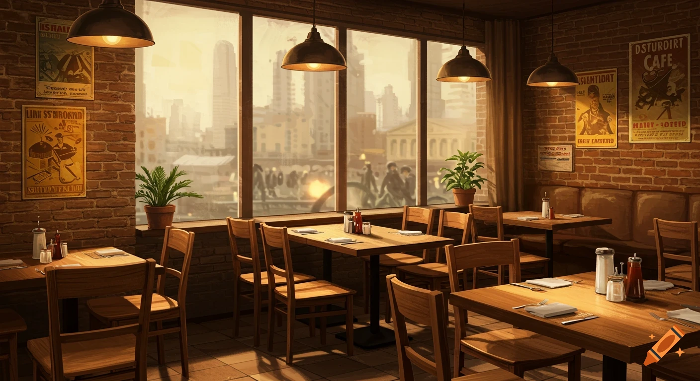 A cozy cafe or restaurant interior with wooden tables and chairs, exposed brick walls with posters, and large windows overlooking a city skyline.