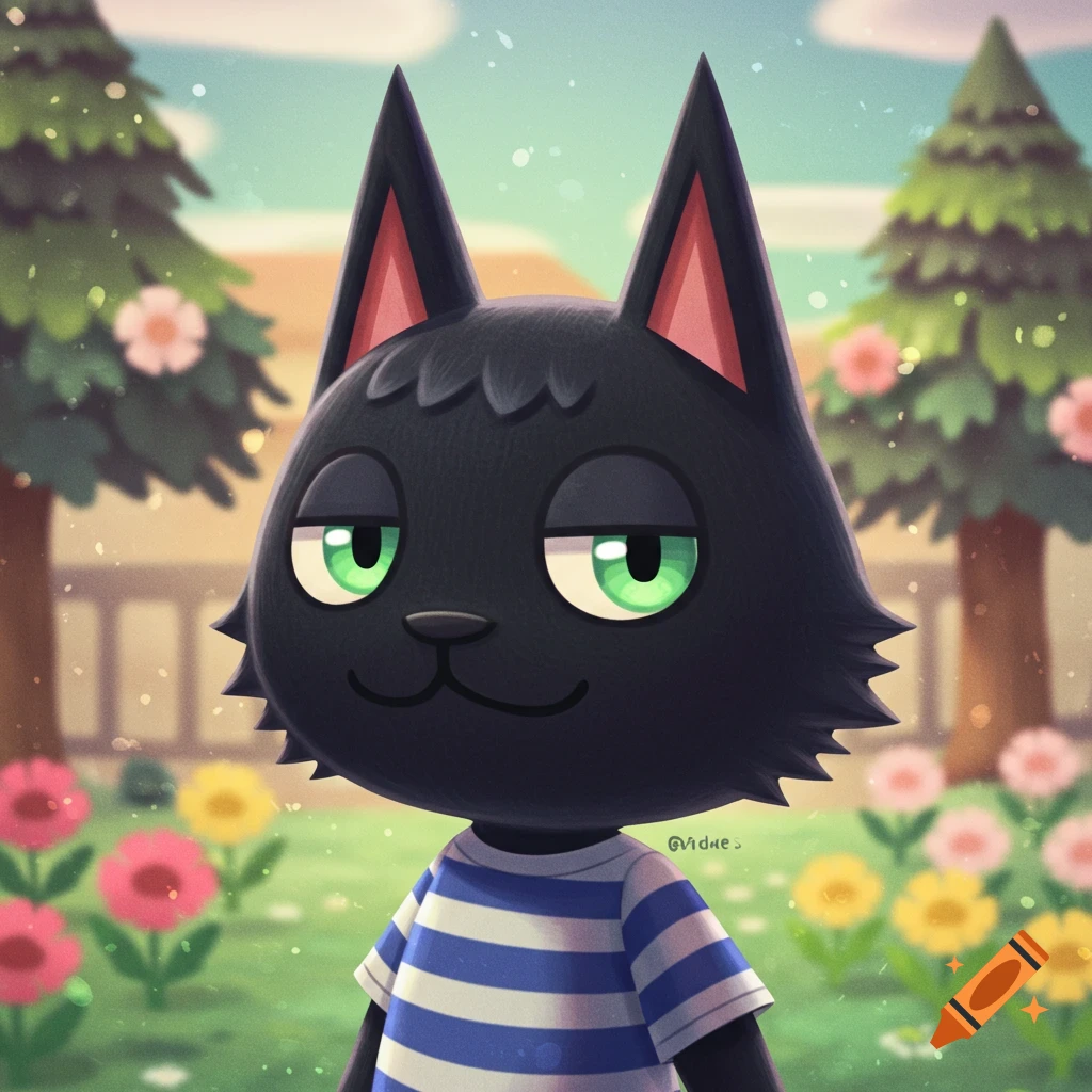 A black cat character from Animal Crossing wears a blue and white striped shirt in a garden.