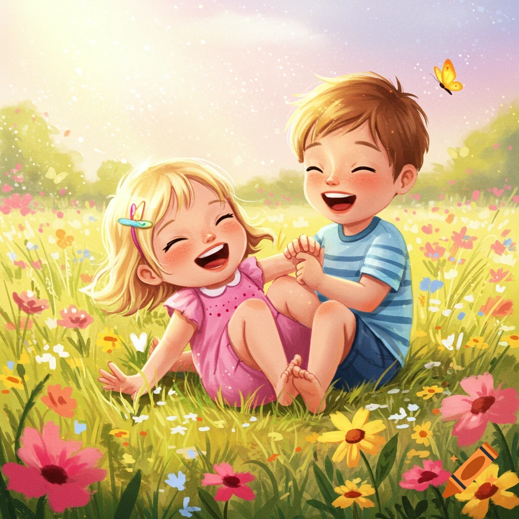 Two happy children playing in a sunny field of flowers, cartoon illustration.