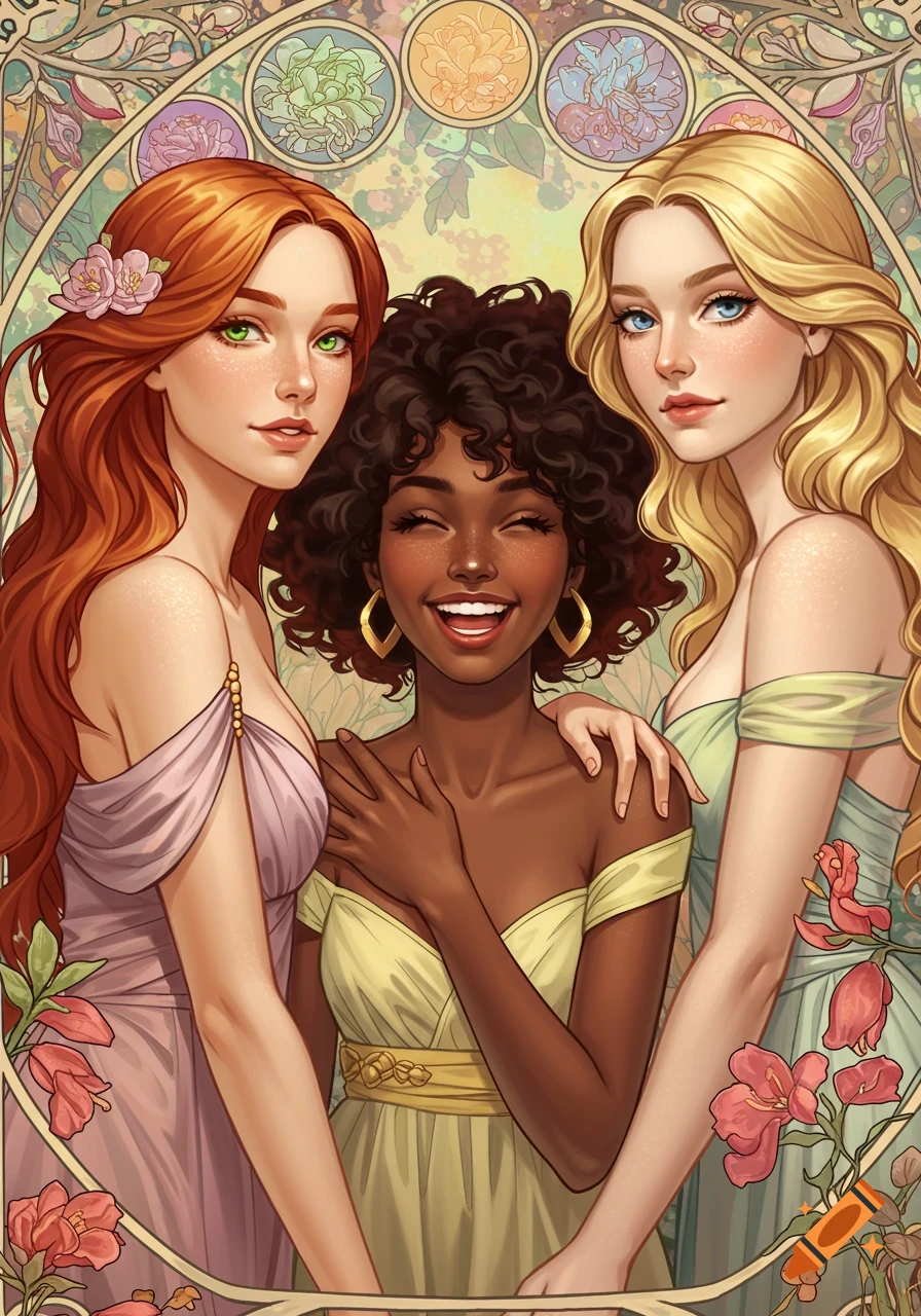 Three women in dresses with art nouveau background