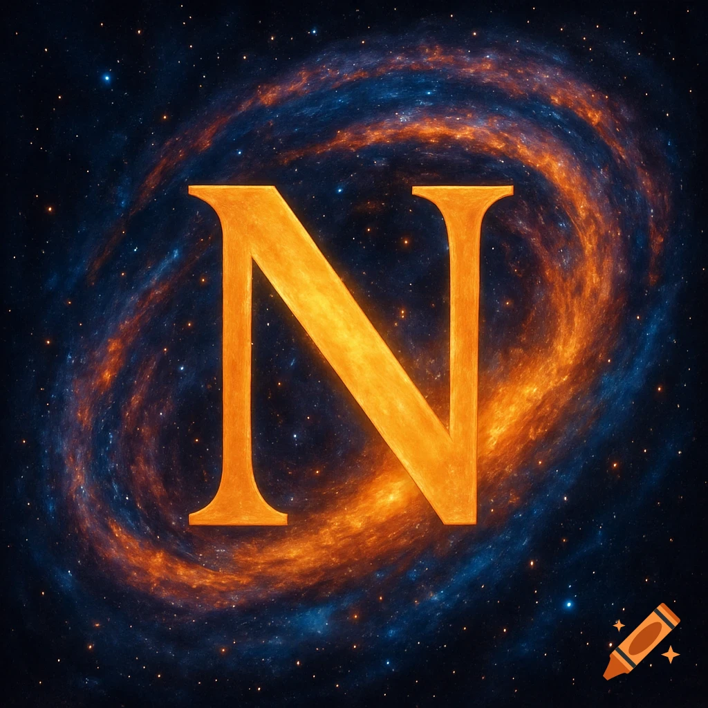 An orange letter N in front of a swirling blue and orange galaxy