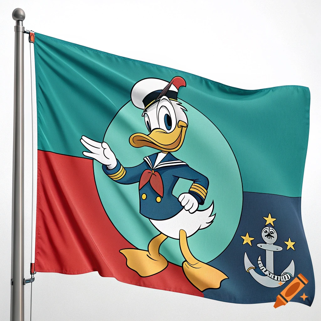 A flag featuring Donald Duck in a sailor suit, with teal, red, and dark blue sections, and an anchor symbol.