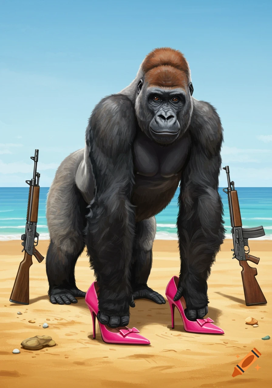 A gorilla on a beach wears pink high heels and stands between two rifles.