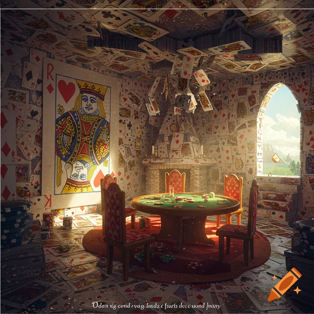 A room interior constructed from playing cards with a poker table.