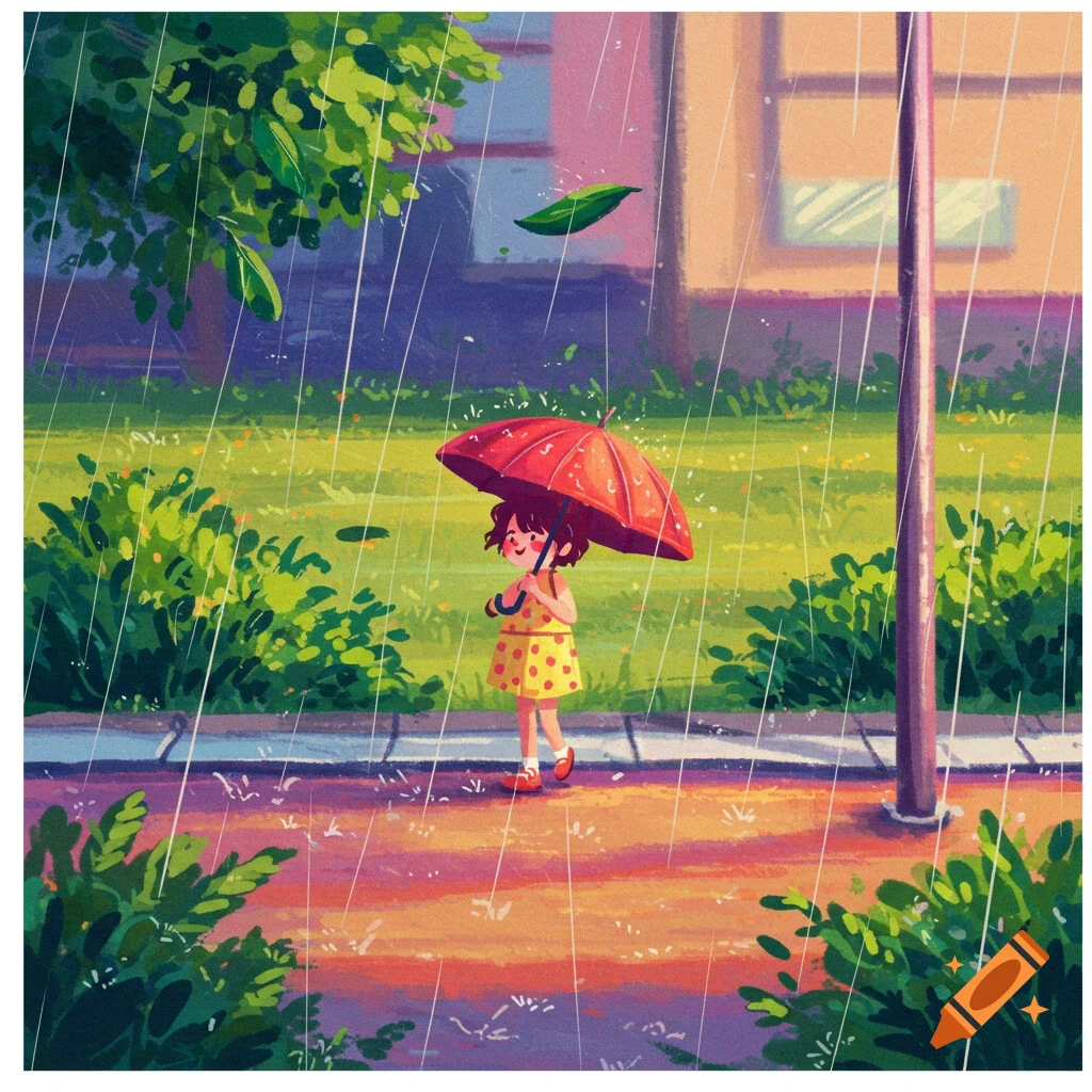 Illustration of a small child with a red umbrella walking in the rain.