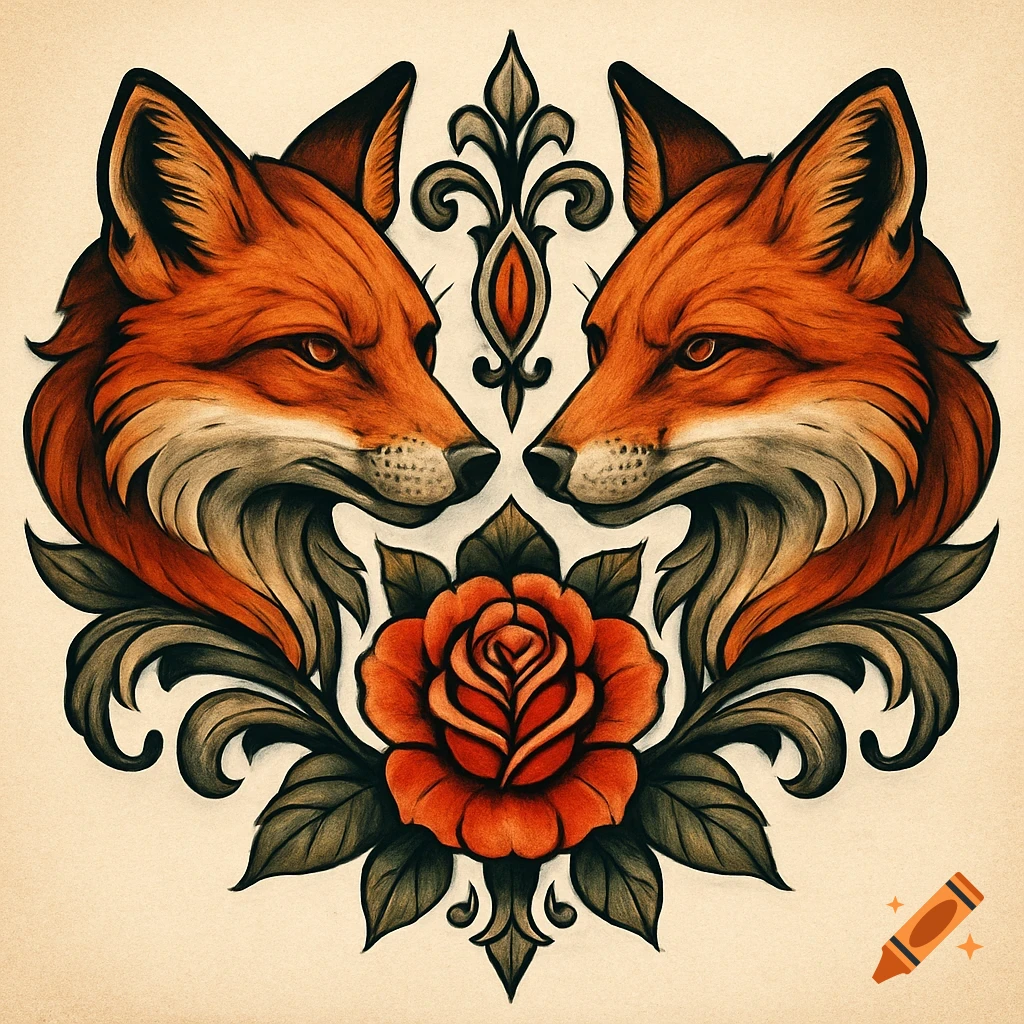 Mirrored tattoo-style illustration of two fox heads facing a rose with decorative elements.
