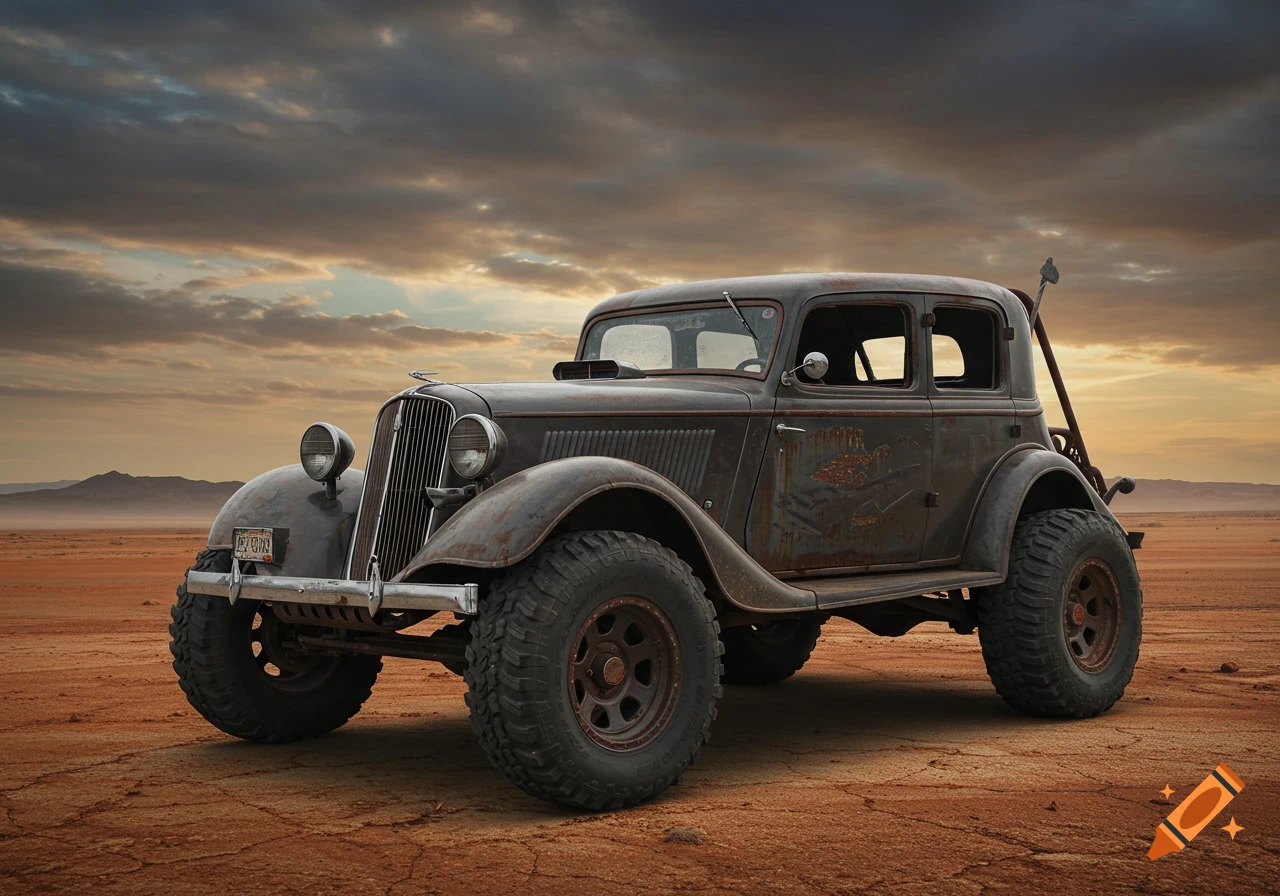 Rusty, lifted 1930s style sedan off-road in a desert landscape under a cloudy sky, post-apocalyptic style.