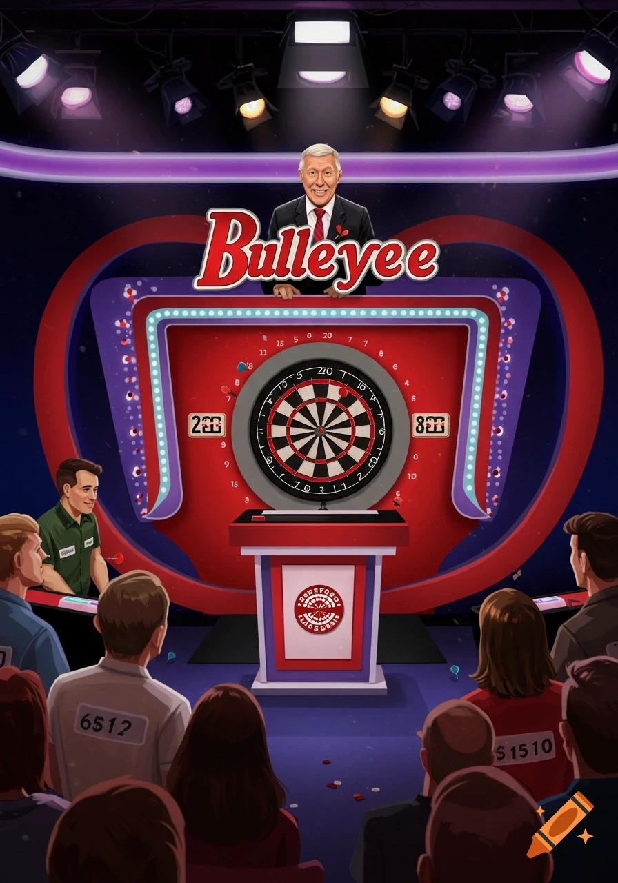 Illustration of a darts gameshow stage with a host, contestants, audience, and a large dartboard.