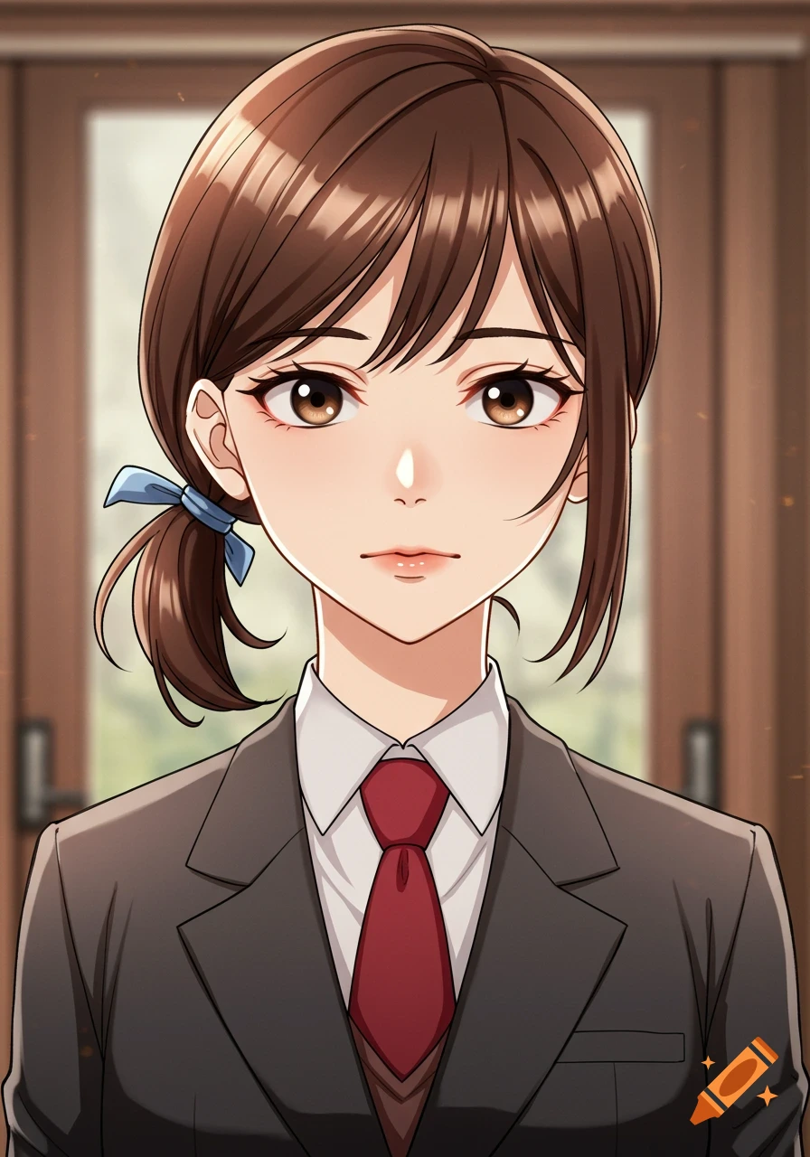 Anime portrait of a girl in a suit with brown hair in a ponytail.