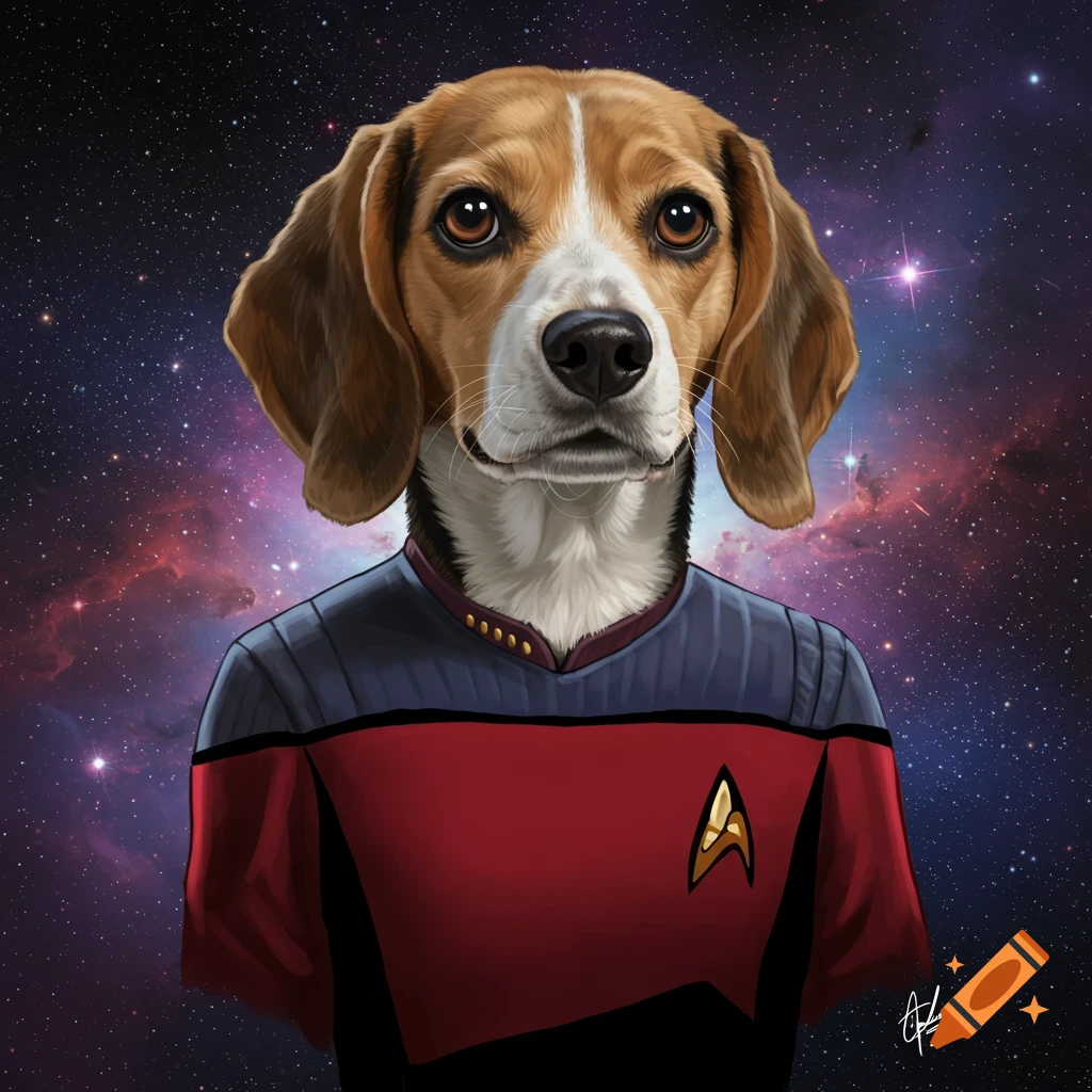 Illustration of a beagle dog wearing a Star Trek uniform in space.
