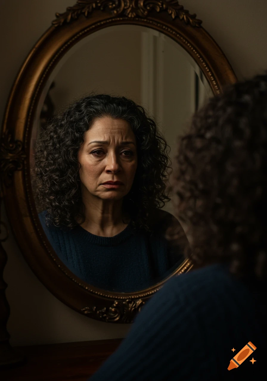 Mature woman with curly hair looking sadly at her reflection in an oval mirror, photorealistic style.