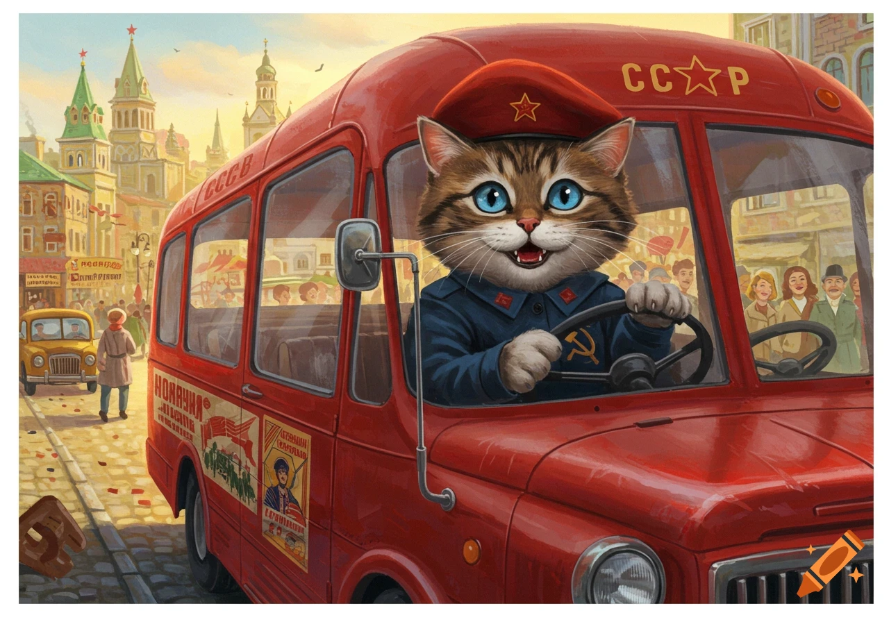 Cartoon cat in a Soviet uniform driving a red bus through a city square with Moscow-like buildings.