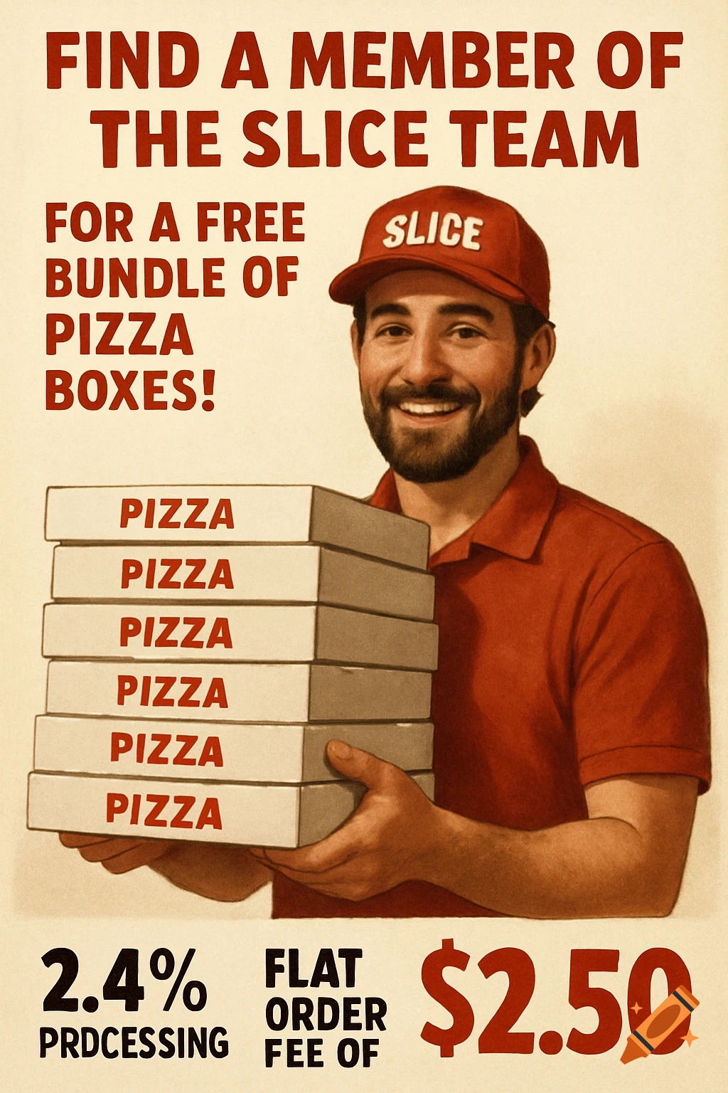 Poster featuring a smiling man holding a stack of pizza boxes. Text advertises a free bundle of boxes and fees.