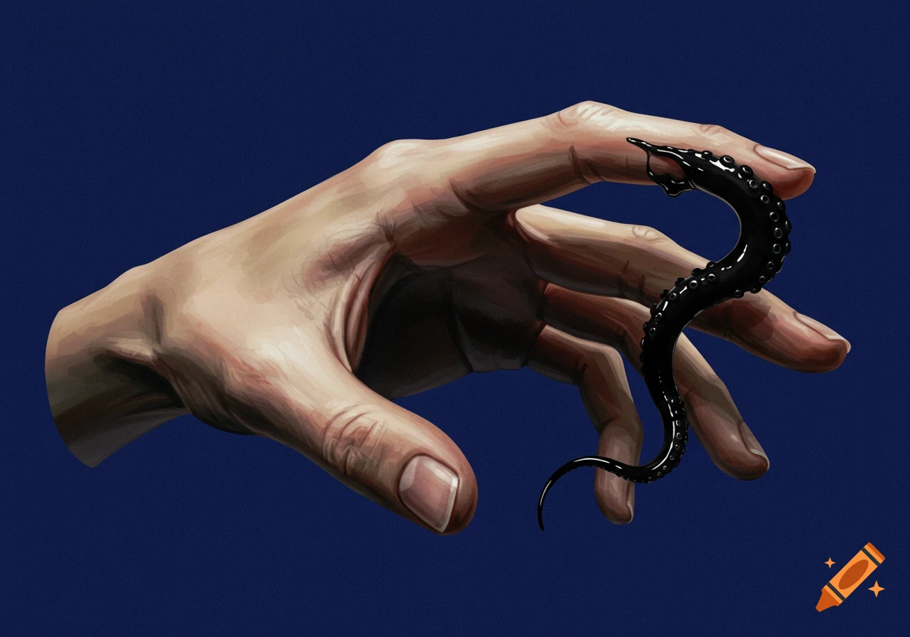 A hand with a black tentacle emerging from a fingertip against a blue background, digital illustration.