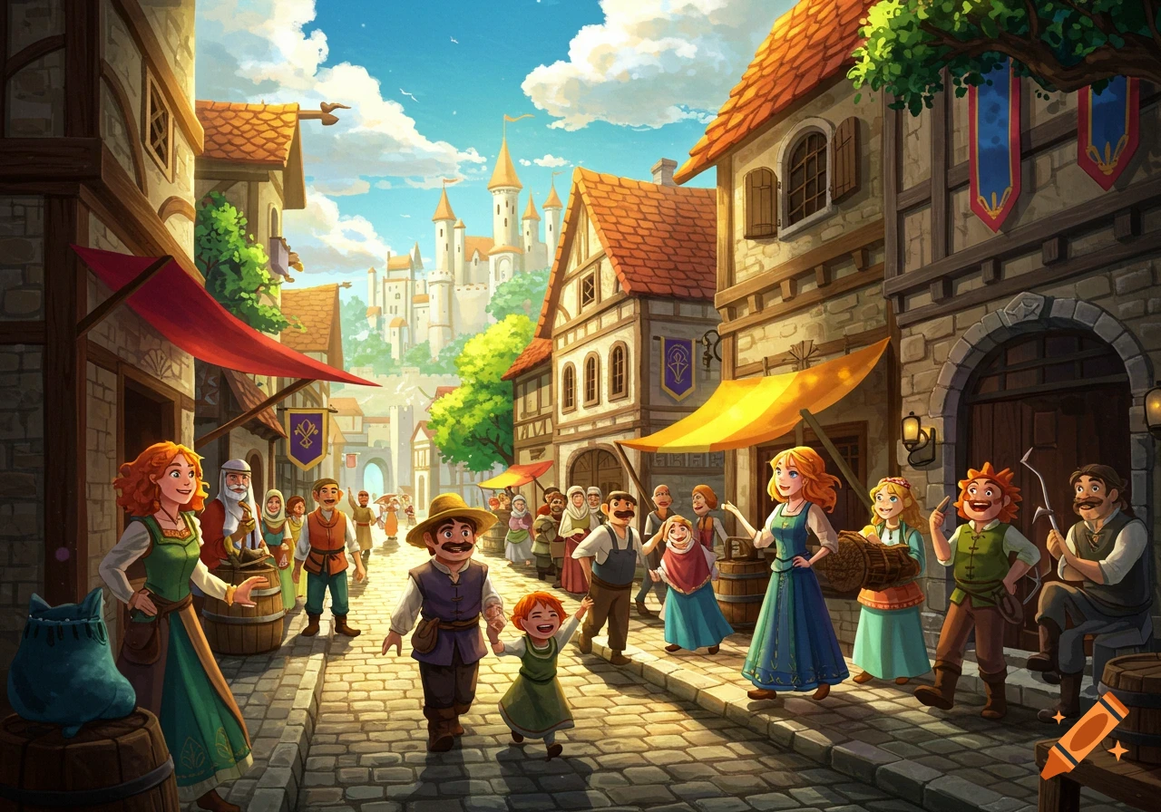 People in a sunny medieval town square with buildings and a castle in the background, illustration style.