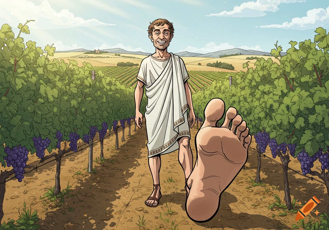 Cartoon Roman man with a comicaly large foot in a vineyard.
