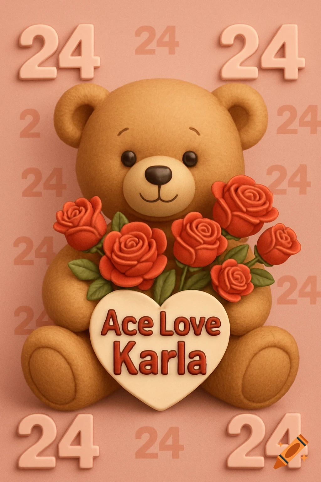 Cute teddy bear holding roses with a heart saying Ace Love Karla, surrounded by the number 24 in a 3D illustration style.