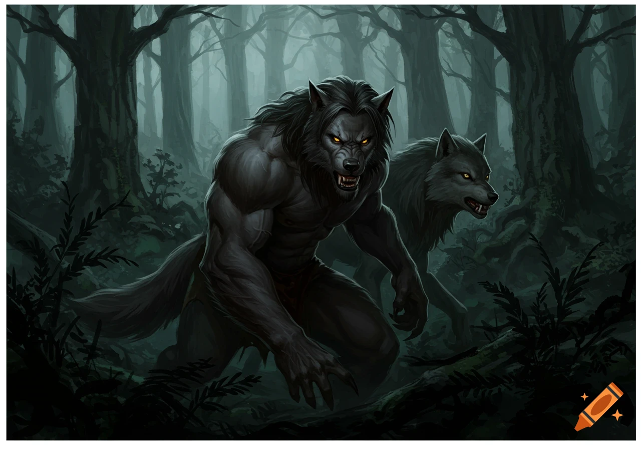 Two fearsome werewolves stalk through a dark, misty forest.