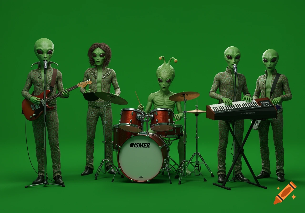 An alien rock band performing on a green screen in PlayStation 2 style graphics.
