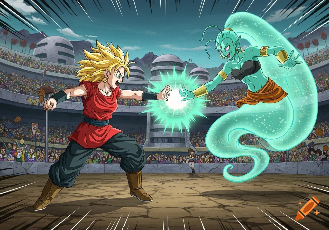 Anime style depiction of a blonde-haired fighter vs. a genie-like figure in a packed arena