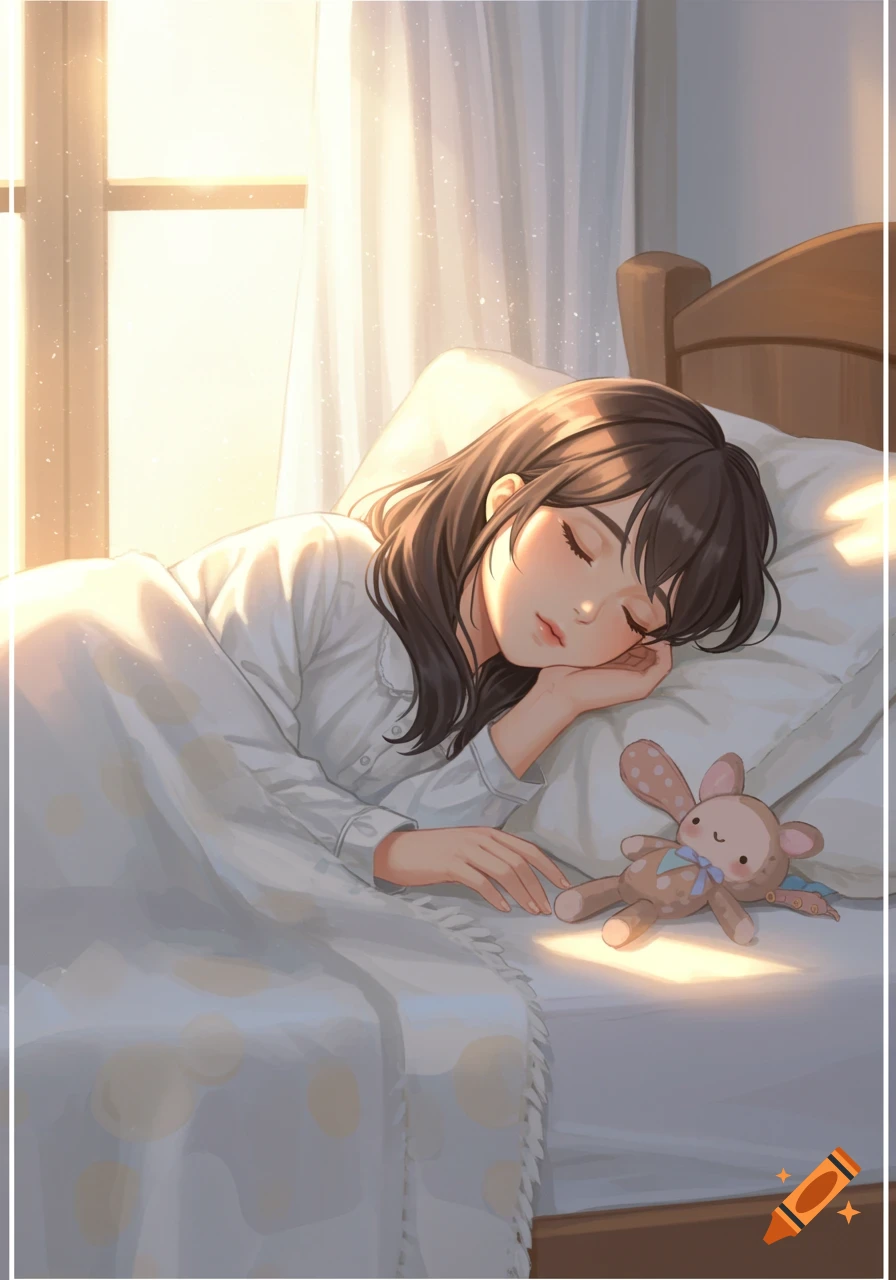 Anime illustration of a girl sleeping peacefully in bed with a bunny toy, sunlight streaming through the window.