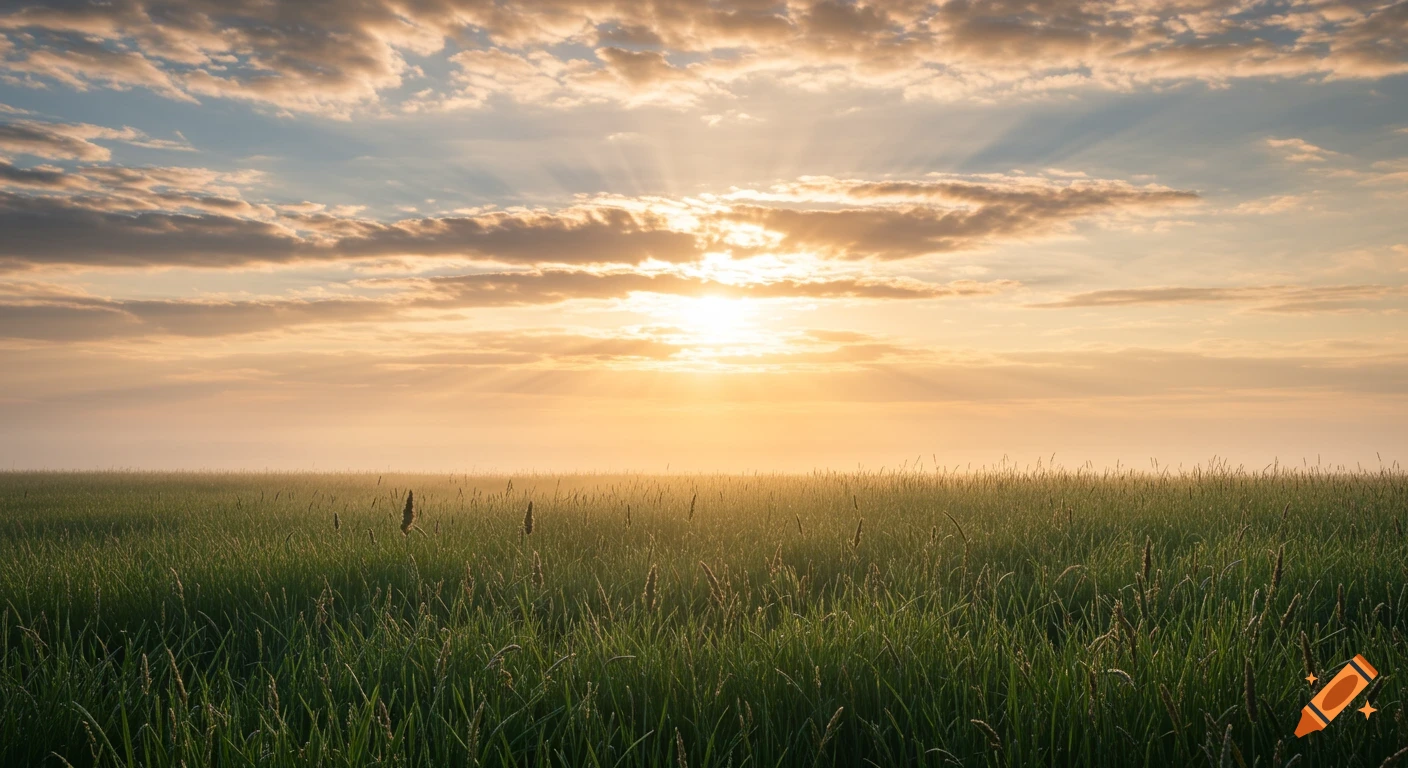 A sunburst shines through clouds over a field of tall grass at sunrise.