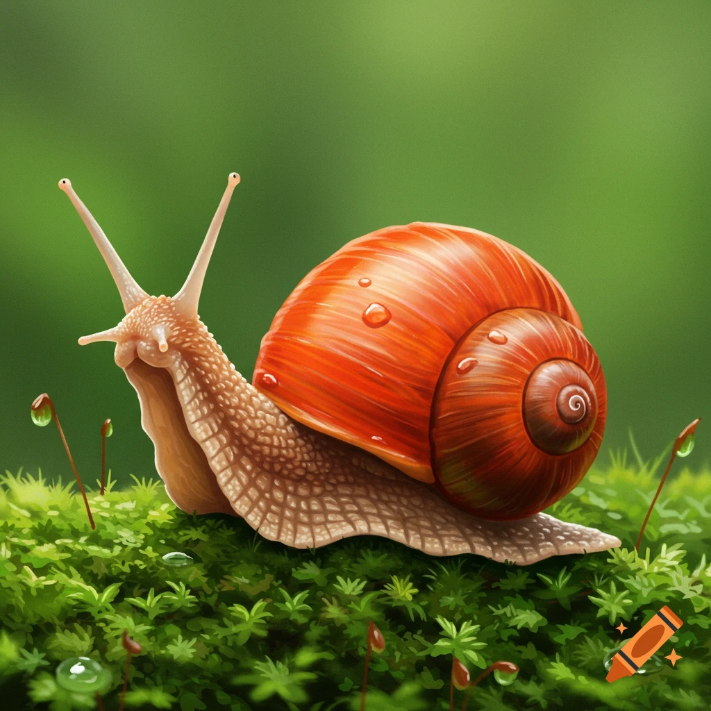 A close-up illustration of a snail with a bright orange shell covered in water droplets, resting on green moss.