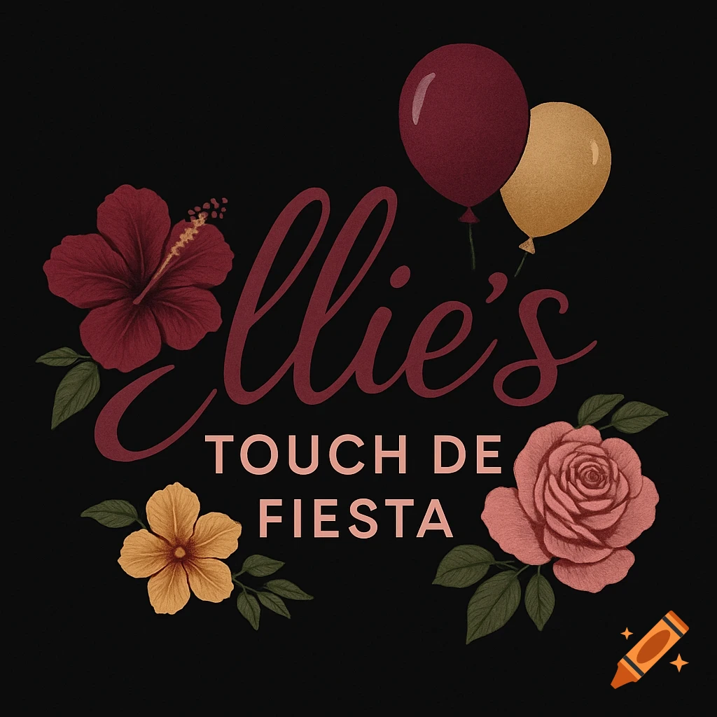 Logo with 'Ellie's Touch de Fiesta' text, red hibiscus, pink rose, yellow flower, and two balloons on black background.