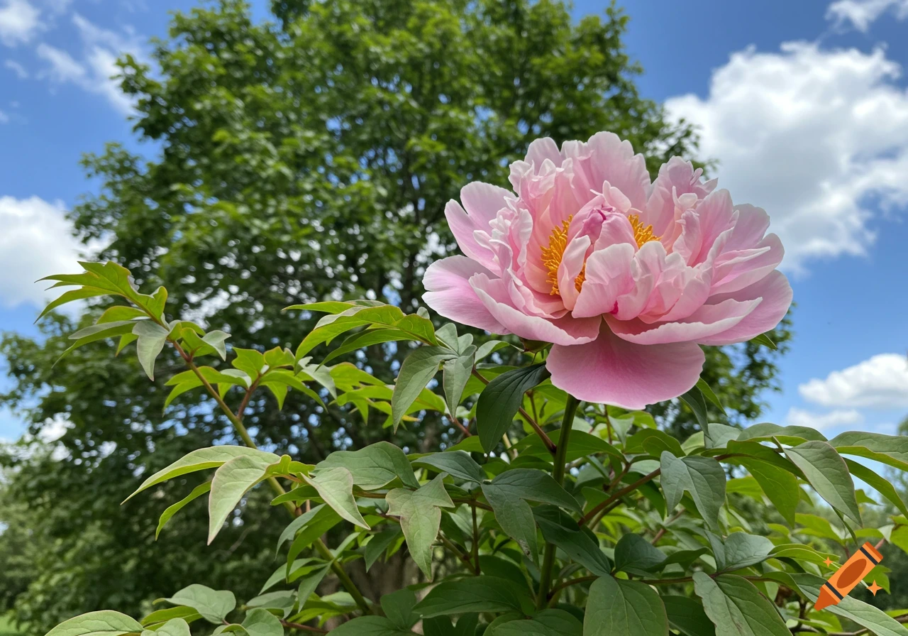 A pink peony flower blooming with a green tree and blue sky in the background.