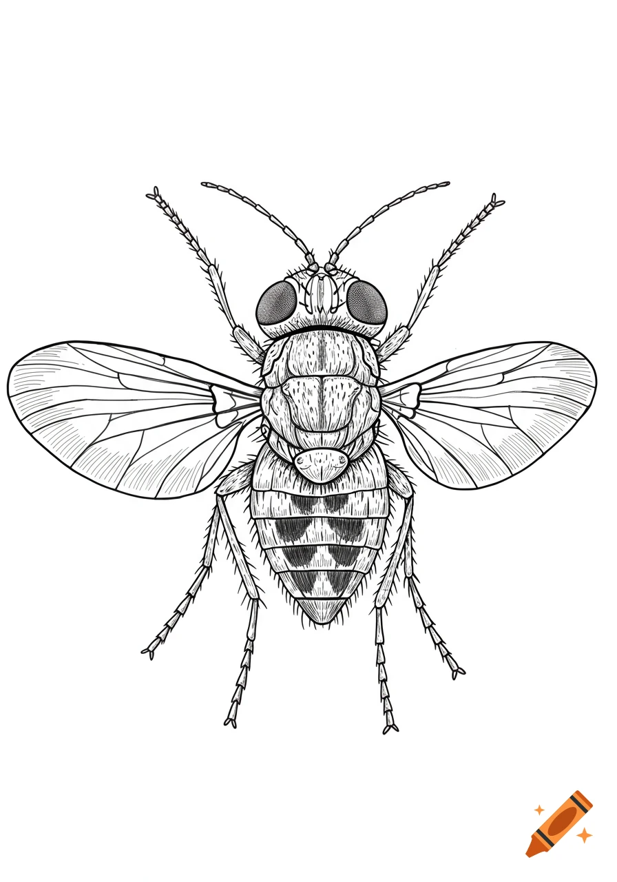 A detailed line drawing of a fly.